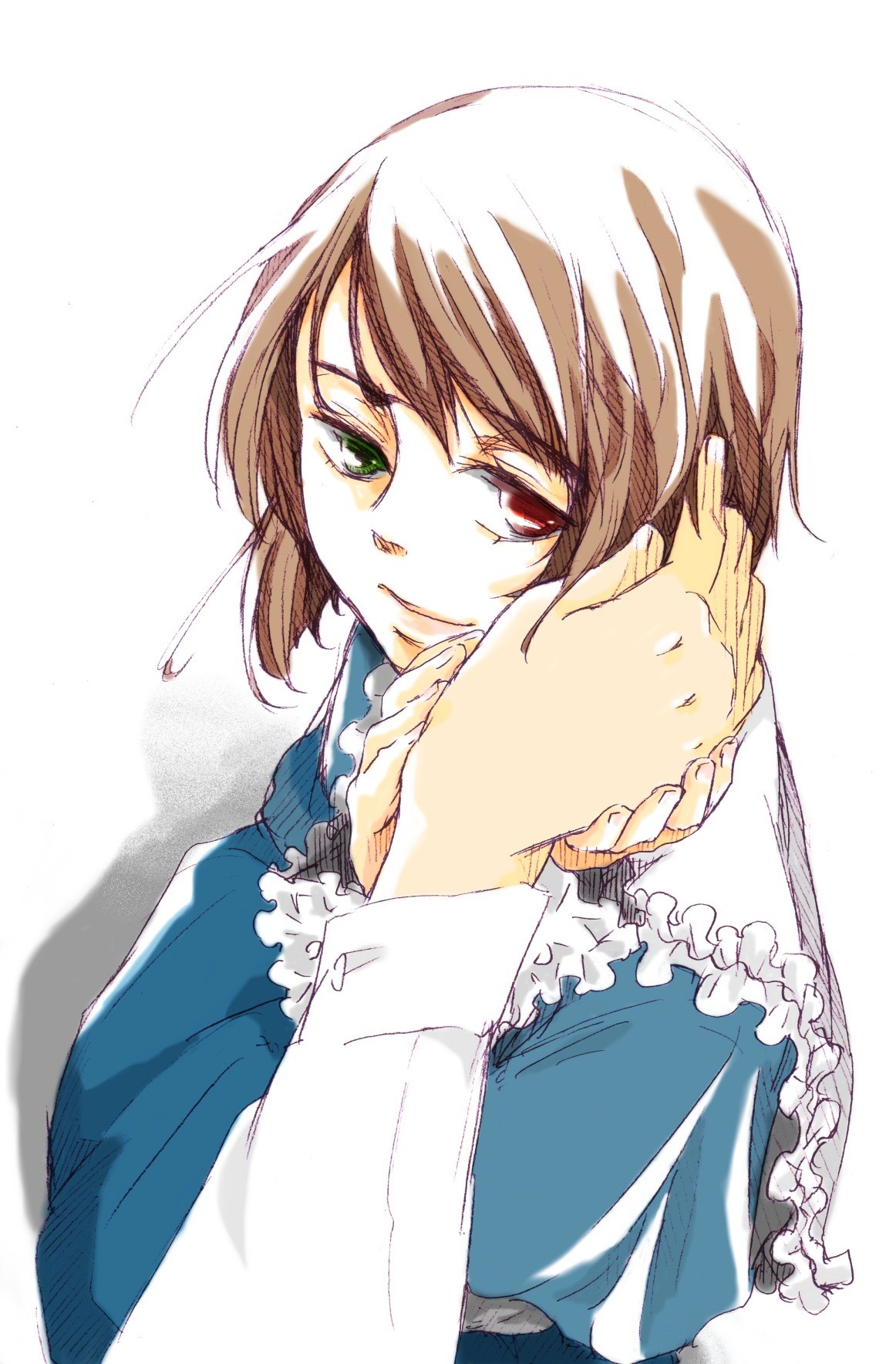 1girl bangs blue_dress brown_hair dress frills green_eyes heterochromia image long_sleeves looking_at_viewer out_of_frame red_eyes short_hair simple_background smile solo solo_focus souseiseki suiseiseki upper_body white_background