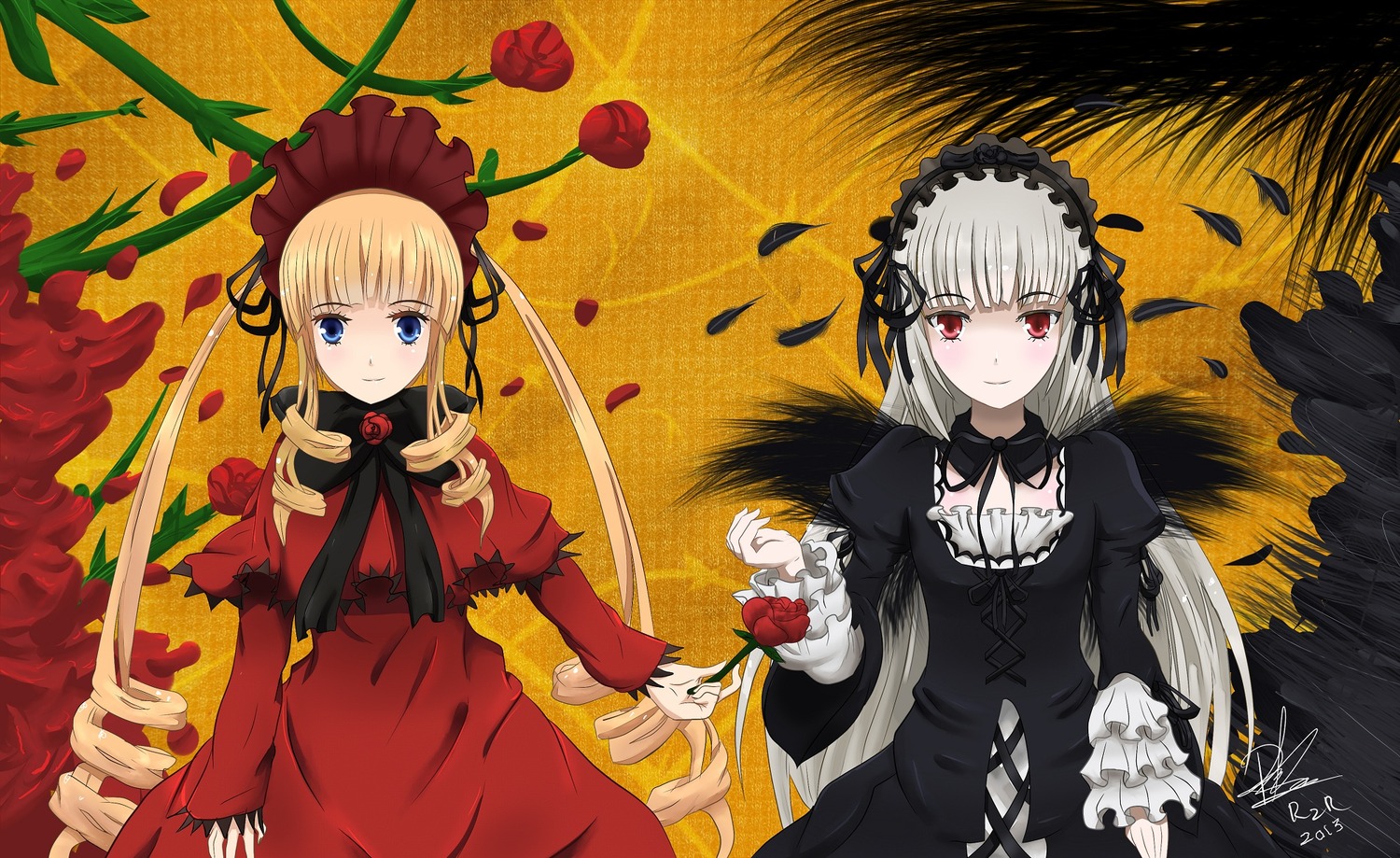 2girls black_dress black_wings blonde_hair blue_eyes bonnet bow dress drill_hair flower frills gothic_lolita hairband image lolita_fashion long_hair long_sleeves looking_at_viewer multiple_girls pair red_dress red_eyes red_flower red_rose ribbon rose shinku silver_hair smile suigintou twin_drills twintails very_long_hair wings