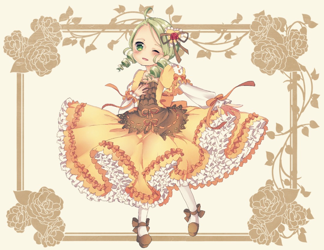 1girl ahoge dress drill_hair flower frills full_body green_eyes green_hair hair_ornament heart image kanaria lolita_fashion long_sleeves one_eye_closed pantyhose rose shoes smile solo striped twin_drills white_legwear
