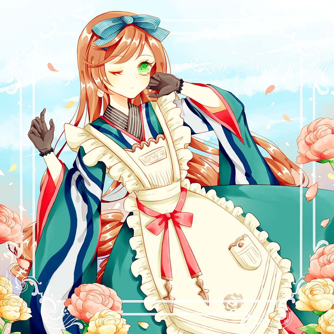 1boy apron black_gloves bow brown_hair flower frilled_apron frills gloves green_eyes hair_bow image japanese_clothes long_hair one_eye_closed petals pink_flower pink_rose red_flower red_rose ribbon rose rose_petals solo striped striped_bow suiseiseki vertical_stripes white_flower white_rose wide_sleeves yellow_flower yellow_rose