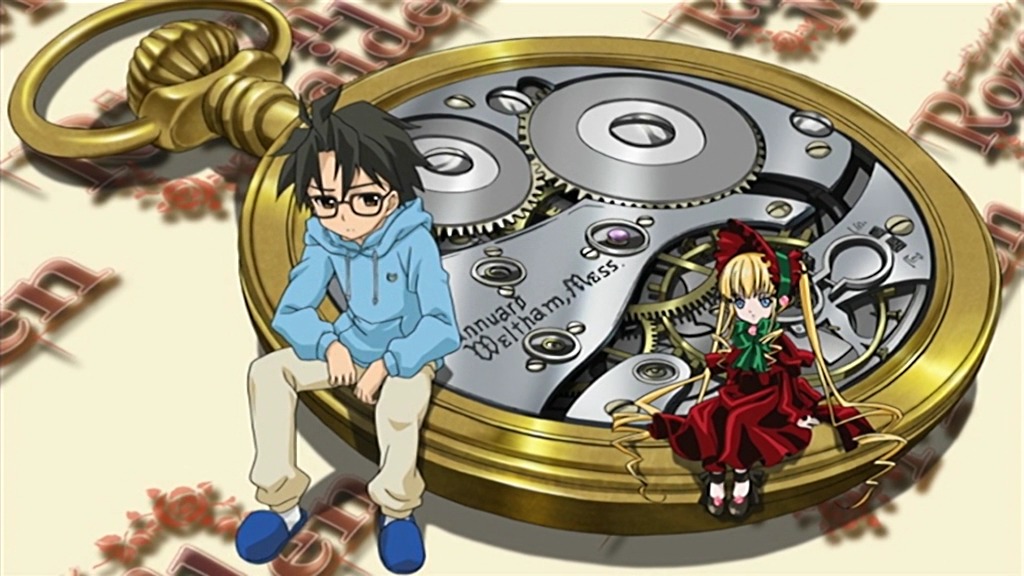 1boy 1girl black_hair blonde_hair blue_eyes bow dress glasses ground_vehicle hair_ribbon image long_hair motor_vehicle ribbon shinku sitting solo