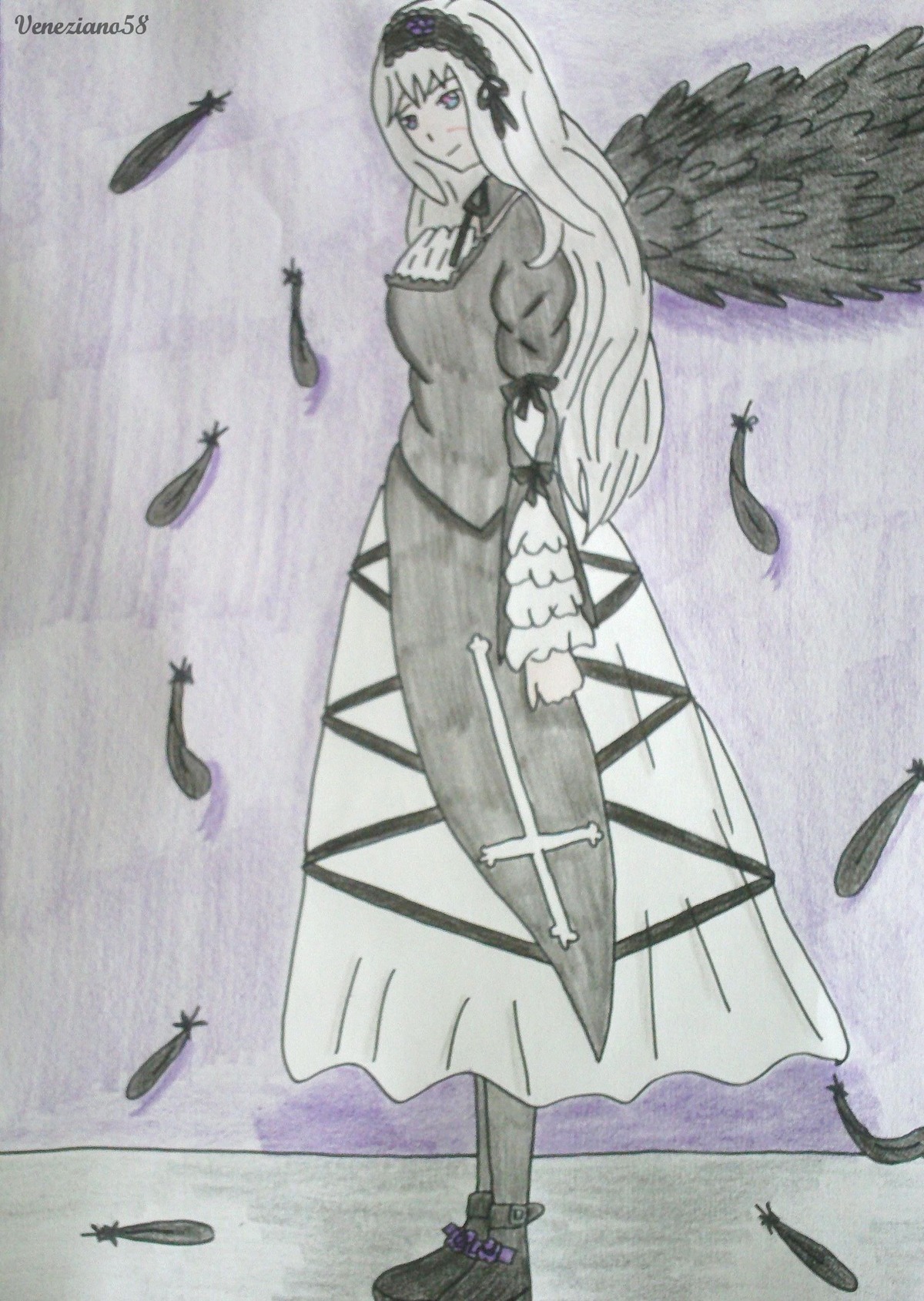 1girl bangs bird black_feathers black_footwear black_wings boots crow dove dress feathered_wings feathers full_body hairband image long_hair long_sleeves seagull solo suigintou white_feathers wings
