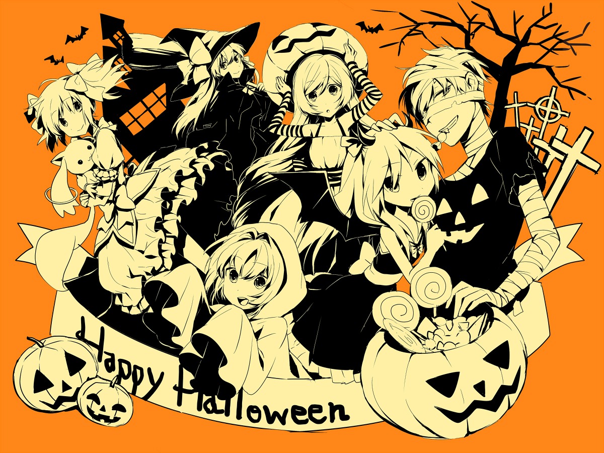 5girls bandages bat candy cape drill_hair food hair_ornament halloween happy_halloween hat image jack-o'-lantern kaname_madoka lantern lollipop long_hair miki_sayaka monochrome multiple multiple_boys multiple_girls orange_background pumpkin short_hair smile swirl_lollipop tagme trick_or_treat twintails witch_hat