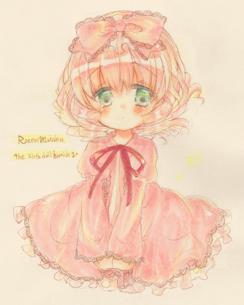 1girl blonde_hair blush bow dress frills full_body green_eyes hair_bow hina_ichigo hinaichigo image long_sleeves looking_at_viewer pink_bow pink_dress ribbon short_hair solo striped striped_background traditional_media vertical_stripes watercolor_(medium)