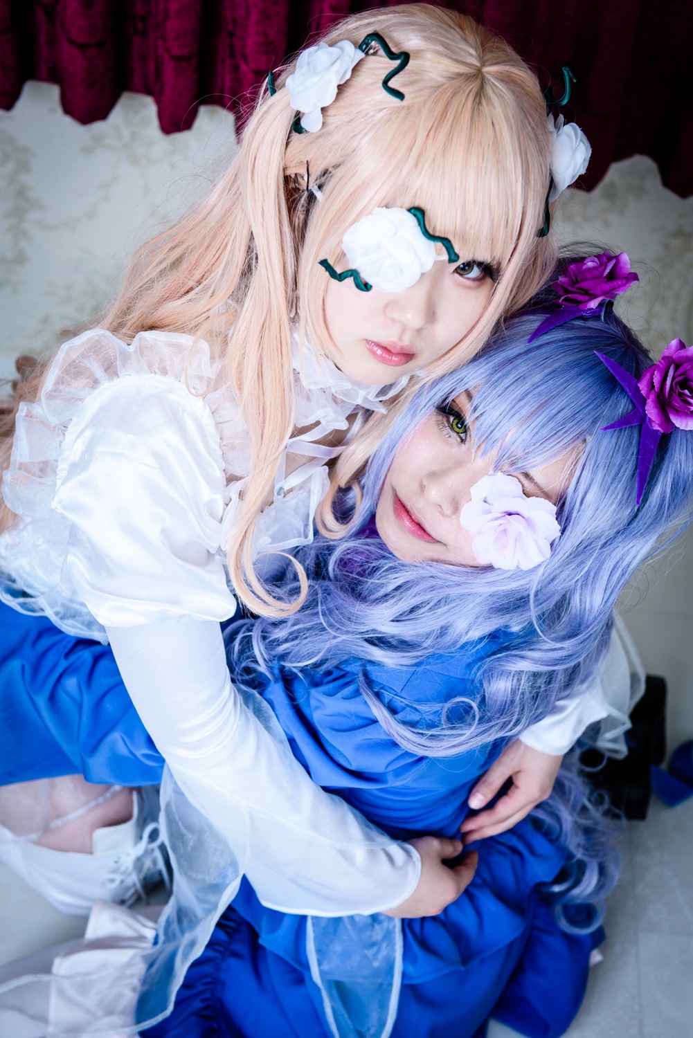 2girls 91076 bangs blonde_hair blue_dress blue_hair blunt_bangs bow dress eyepatch flower frills hair_flower hair_ornament lips long_hair long_sleeves looking_at_viewer multiple_cosplay multiple_girls tagme underwear