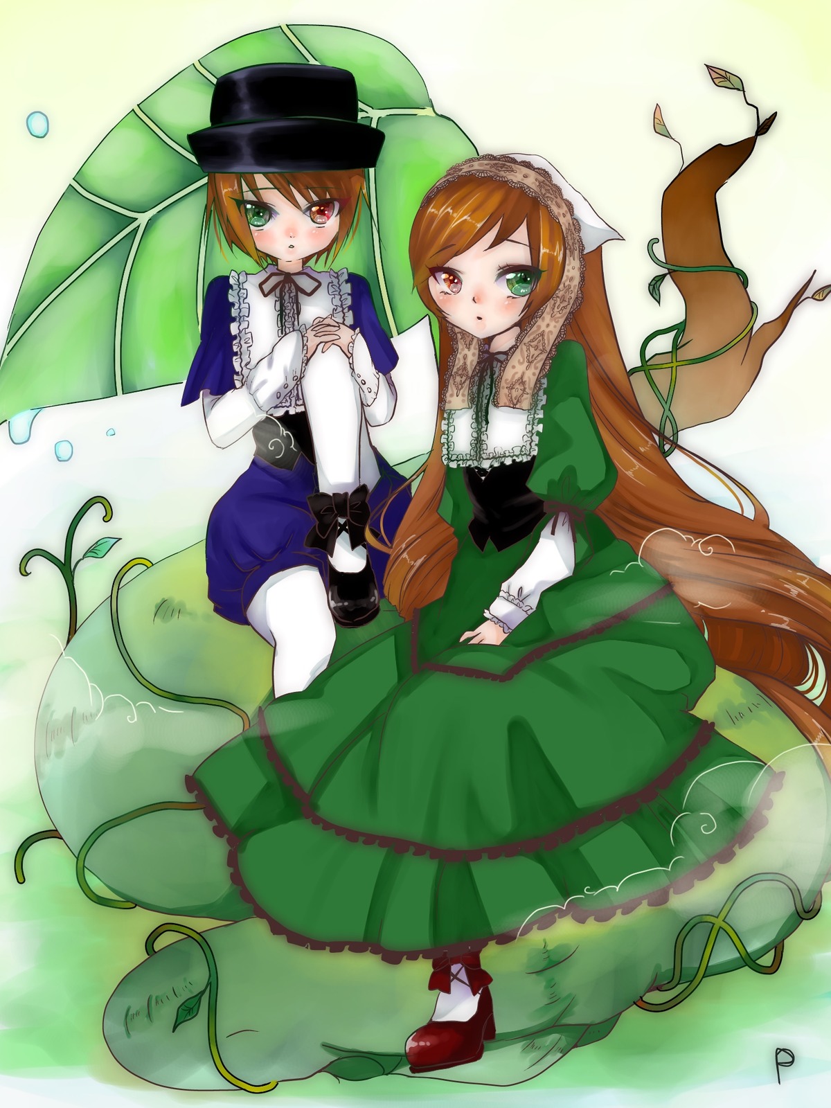 2girls brown_hair dress green_dress green_eyes hat heterochromia holding_hands image long_hair long_sleeves looking_at_viewer multiple_girls pair pantyhose red_eyes short_hair siblings sisters souseiseki suiseiseki top_hat twins very_long_hair watering_can white_legwear