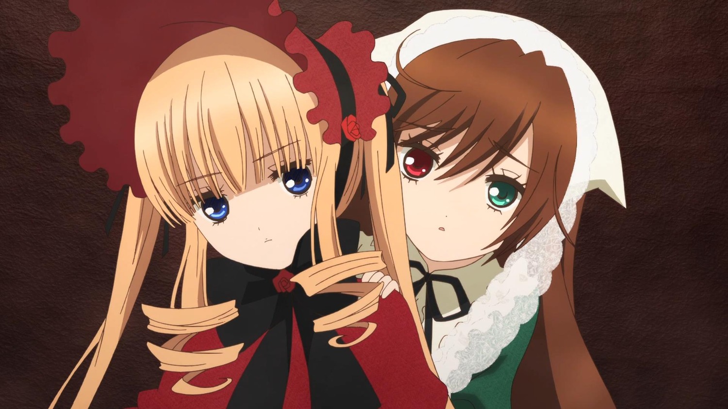 2girls blonde_hair blue_eyes bonnet bow brown_hair dress drill_hair hat heterochromia image long_hair looking_at_viewer multiple_girls open_mouth pair red_eyes shinku suiseiseki twin_drills