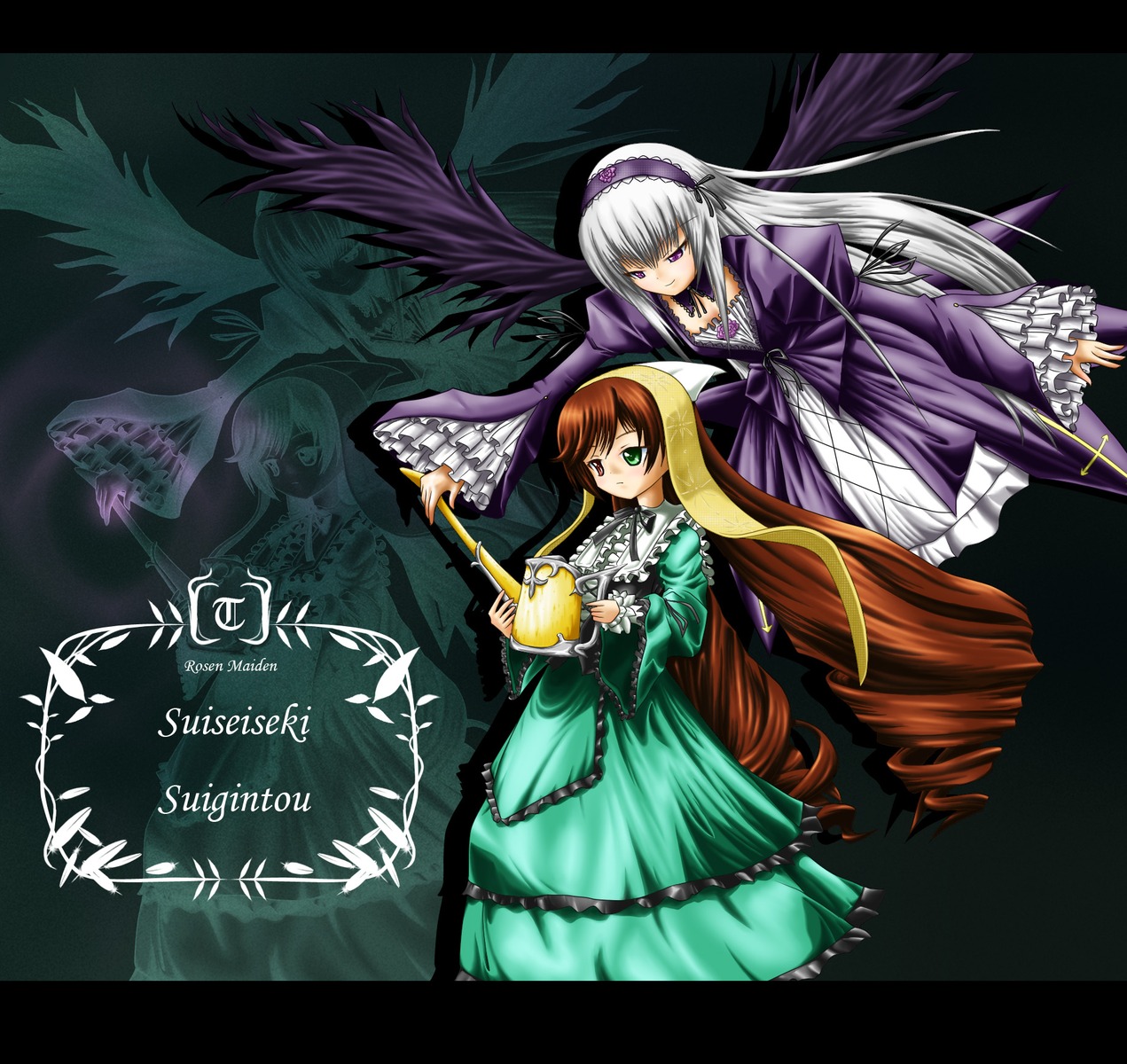 2girls black_wings blonde_hair dress frills green_eyes hairband image letterboxed long_hair long_sleeves looking_at_viewer multiple_girls pair silver_hair suigintou suiseiseki very_long_hair wings