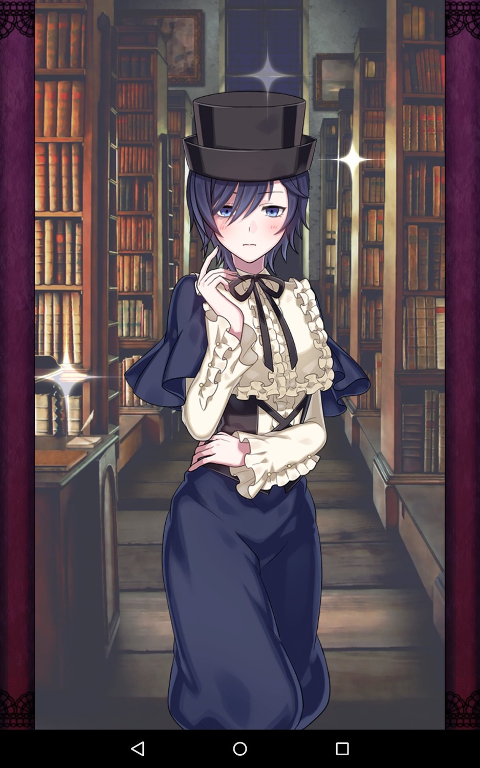 1girl black_headwear blue_eyes blue_hair blush book bookshelf frilled_shirt frills hair_between_eyes hat image library long_sleeves looking_at_viewer ribbon short_hair skirt solo souseiseki
