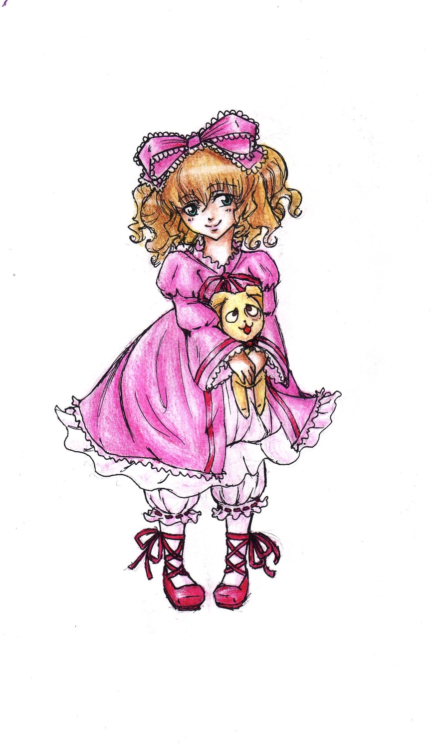 1girl blonde_hair bloomers bow dress full_body hair_bow hina_ichigo hinaichigo image looking_at_viewer pink_bow pink_dress pink_footwear ribbon smile socks solo standing stuffed_animal underwear white_legwear