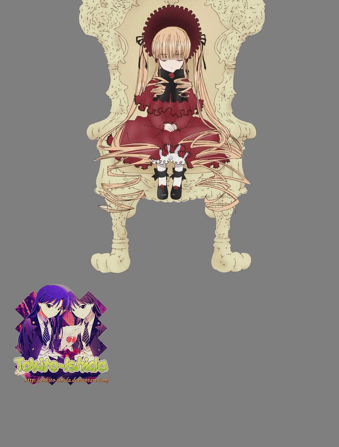 2girls blonde_hair blue_eyes boots dress image long_hair multiple_girls ribbon shinku sitting solo striped twintails very_long_hair