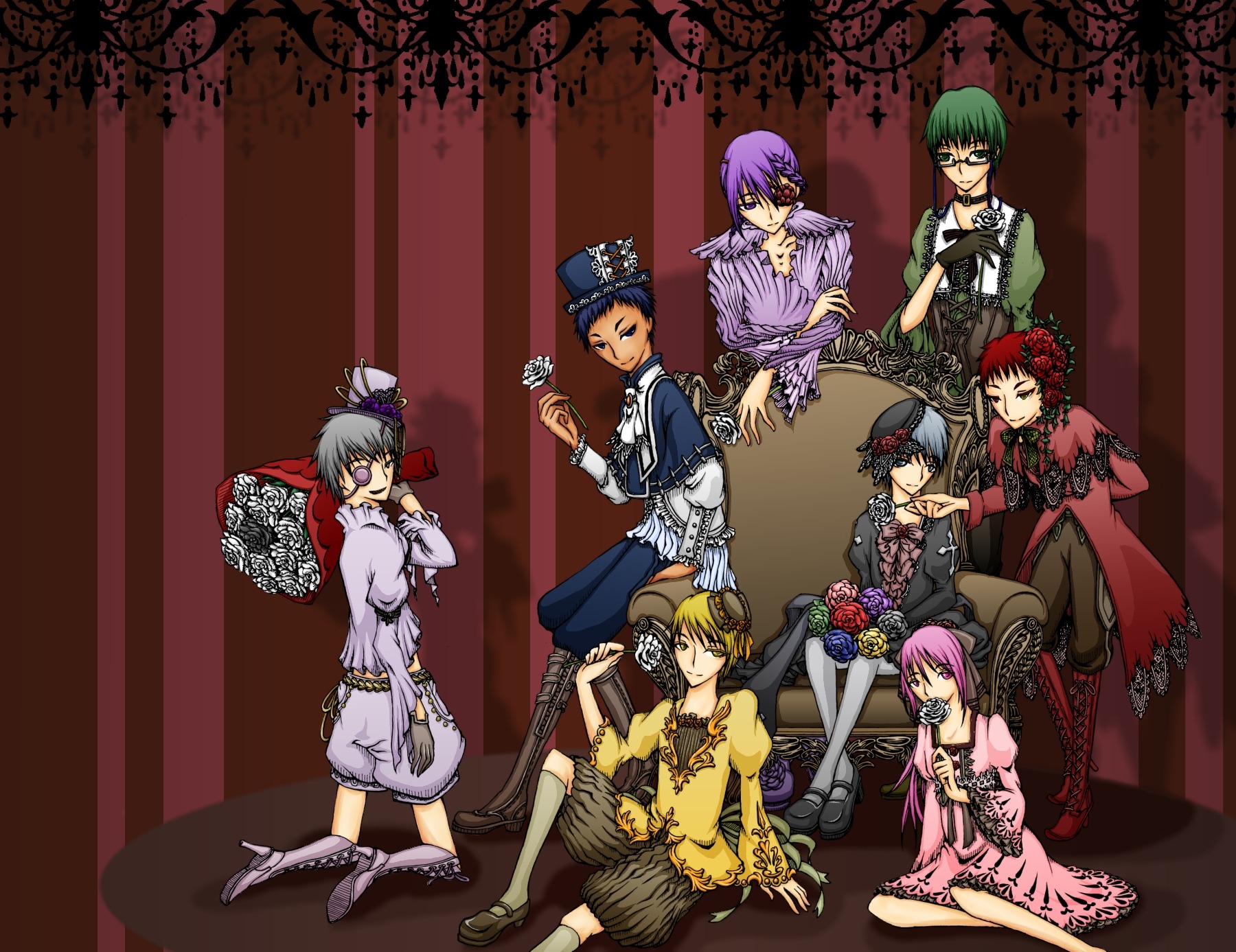 auto_tagged blonde_hair boots dress frills glasses green_hair hat hatsune_miku image kagamine_len kamui_gakupo long_hair megurine_luka meiko mini_hat mini_top_hat multiple multiple_boys multiple_girls pink_hair purple_hair red_hair ribbon tagme top_hat