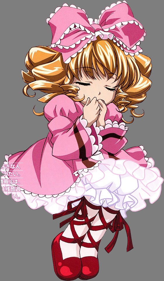 1girl blonde_hair bow closed_eyes dress drill_hair frills full_body hair_bow hina_ichigo hinaichigo image long_sleeves lying pink_bow ribbon shoes solo tears