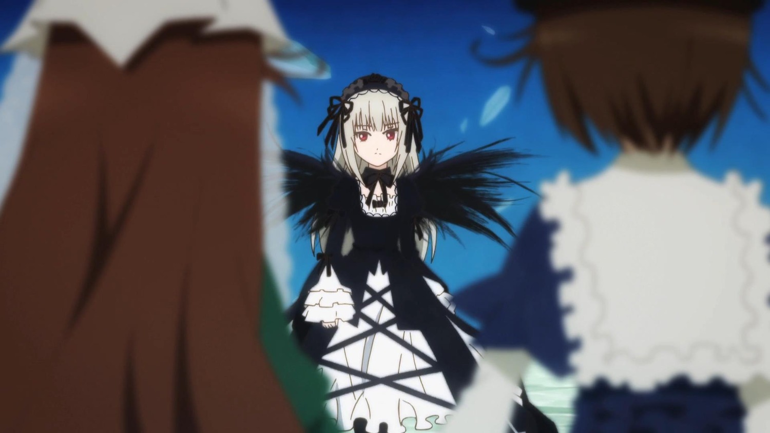 1boy 2girls black_dress black_wings blurry blurry_background blurry_foreground brown_hair depth_of_field dress frills gothic_lolita hairband image lolita_fashion lolita_hairband long_hair long_sleeves motion_blur multiple multiple_girls red_eyes silver_hair solo_focus suigintou tagme wings