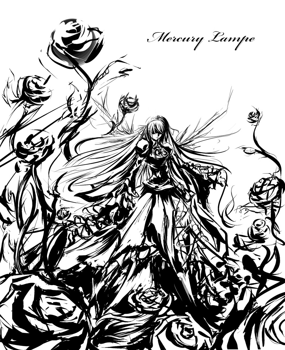 1girl dress flower gradient_hair greyscale hijiri_byakuren image long_hair long_sleeves monochrome multicolored_hair solo suigintou very_long_hair