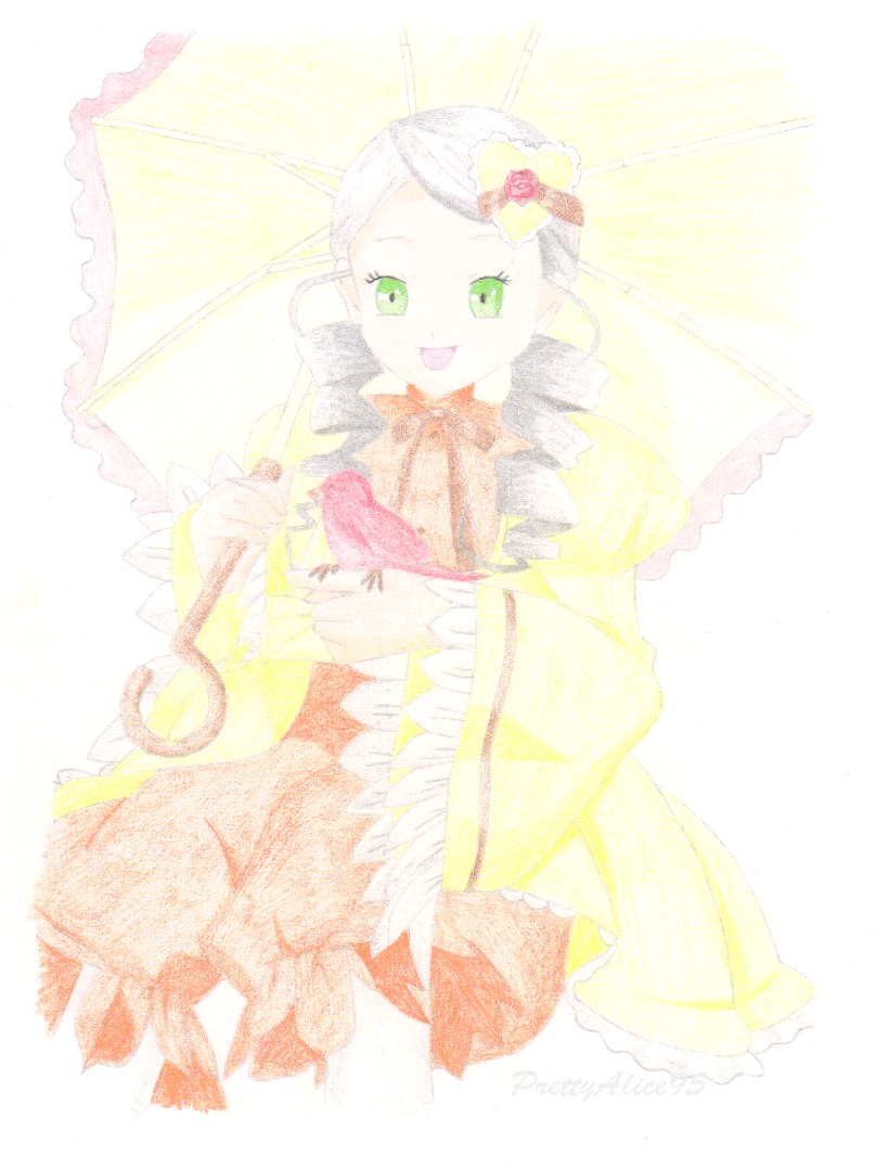1girl :d dress drill_hair flower frills green_eyes holding_umbrella image kanaria long_hair long_sleeves open_mouth parasol rose smile solo striped twin_drills umbrella