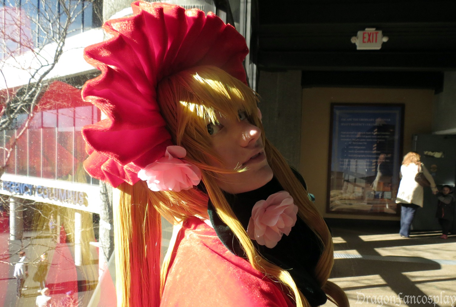 1girl aino_minako blonde_hair bow building dress flower hair_bow long_hair looking_at_viewer shinku solo solo_focus