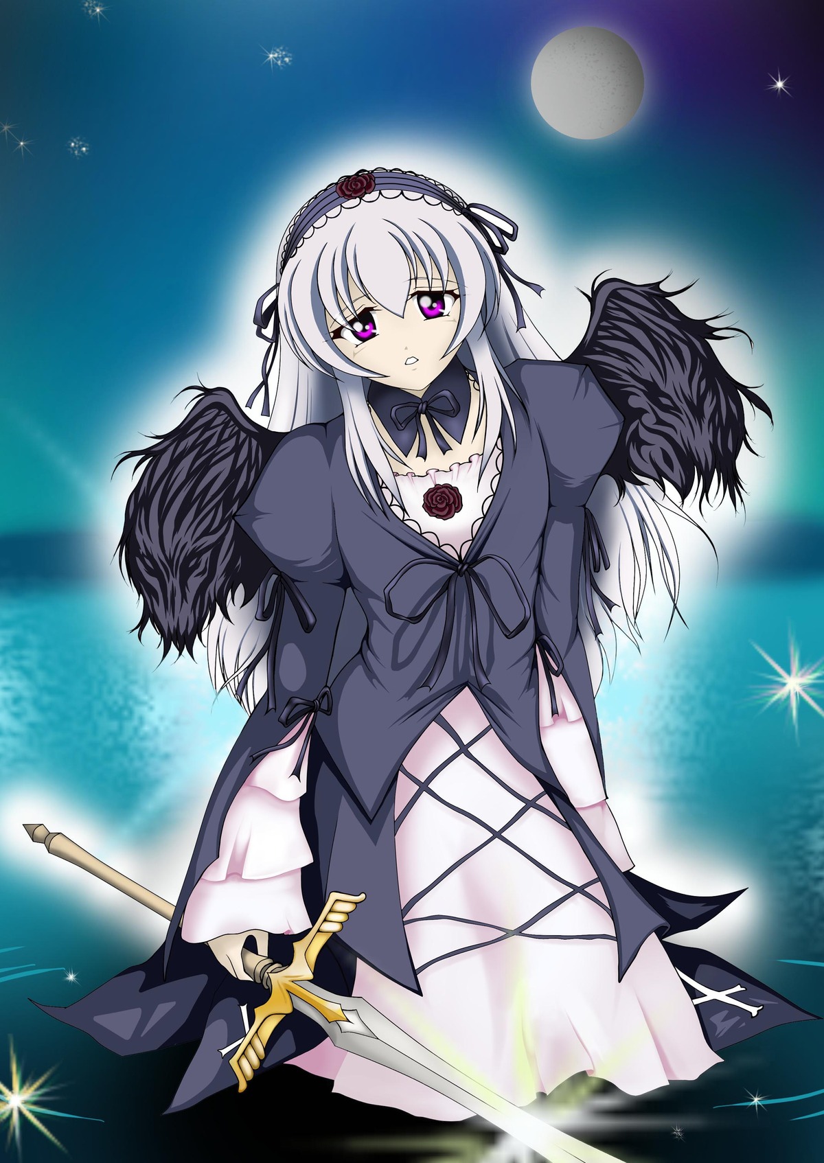 1girl black_ribbon black_wings dress flower full_moon hairband image lolita_hairband long_hair long_sleeves looking_at_viewer moon night pink_eyes purple_eyes ribbon rose silver_hair sky solo sparkle suigintou sword water weapon wings