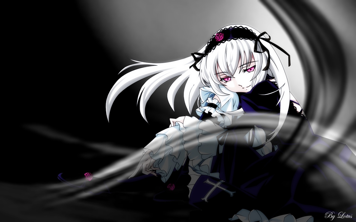 1girl blurry dress flower frills hairband image lolita_hairband long_hair long_sleeves ribbon rose solo suigintou very_long_hair