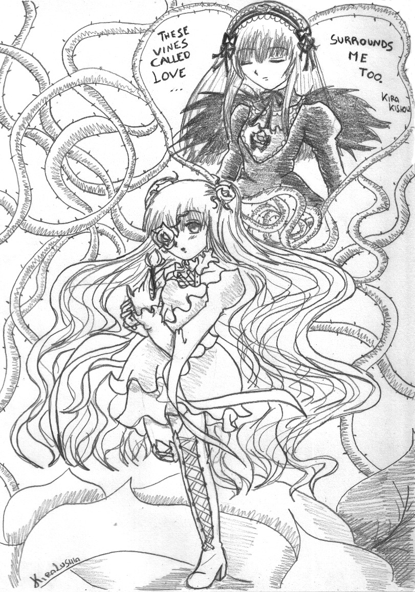2girls boots bow closed_eyes dress flower frills greyscale hairband heart image kirakishou knee_boots long_hair long_sleeves monochrome multiple_girls pair rose standing suigintou very_long_hair wings