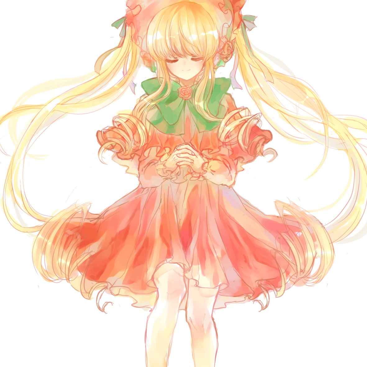 1girl blonde_hair bonnet bow closed_eyes dress flower image long_hair rose shinku solo striped twintails very_long_hair