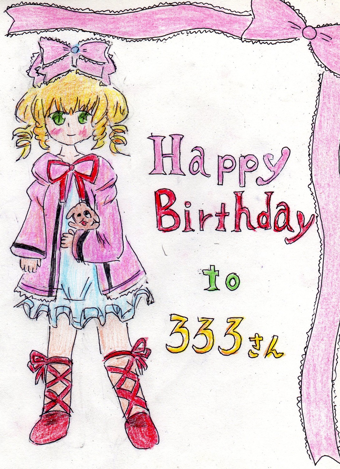 1girl blonde_hair blush bow character_name dress frills green_eyes hair_bow hina_ichigo hinaichigo image long_sleeves pink_bow pink_footwear ribbon short_hair smile solo stuffed_animal traditional_media