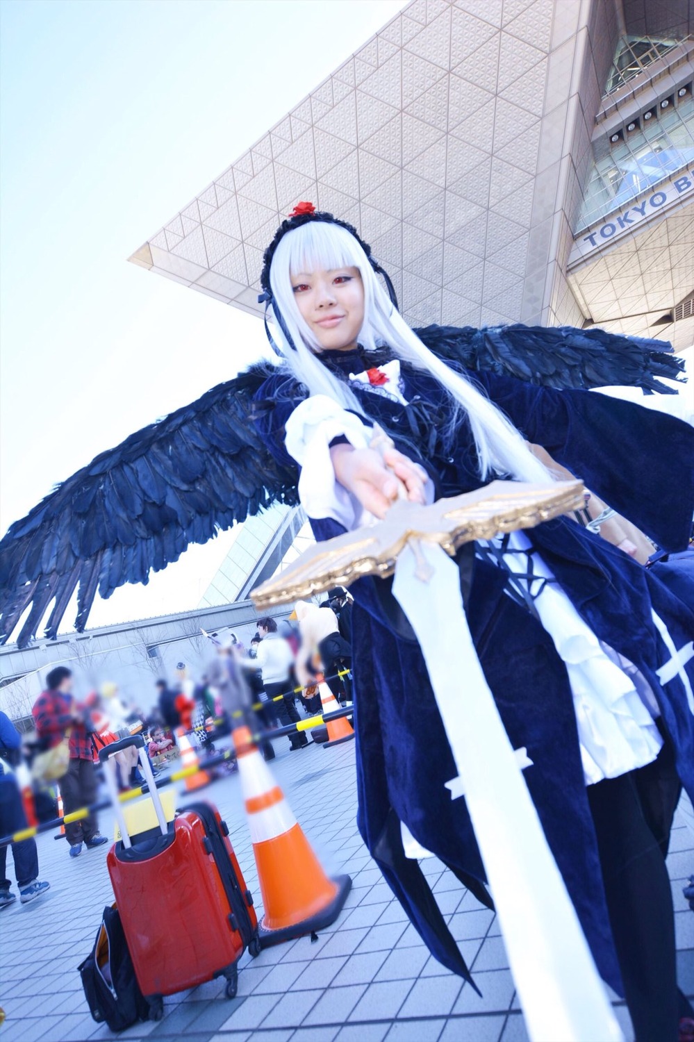 1girl angel_wings black_wings blurry church depth_of_field dress feathered_wings feathers frills long_hair photo solo stained_glass standing suigintou white_hair wings