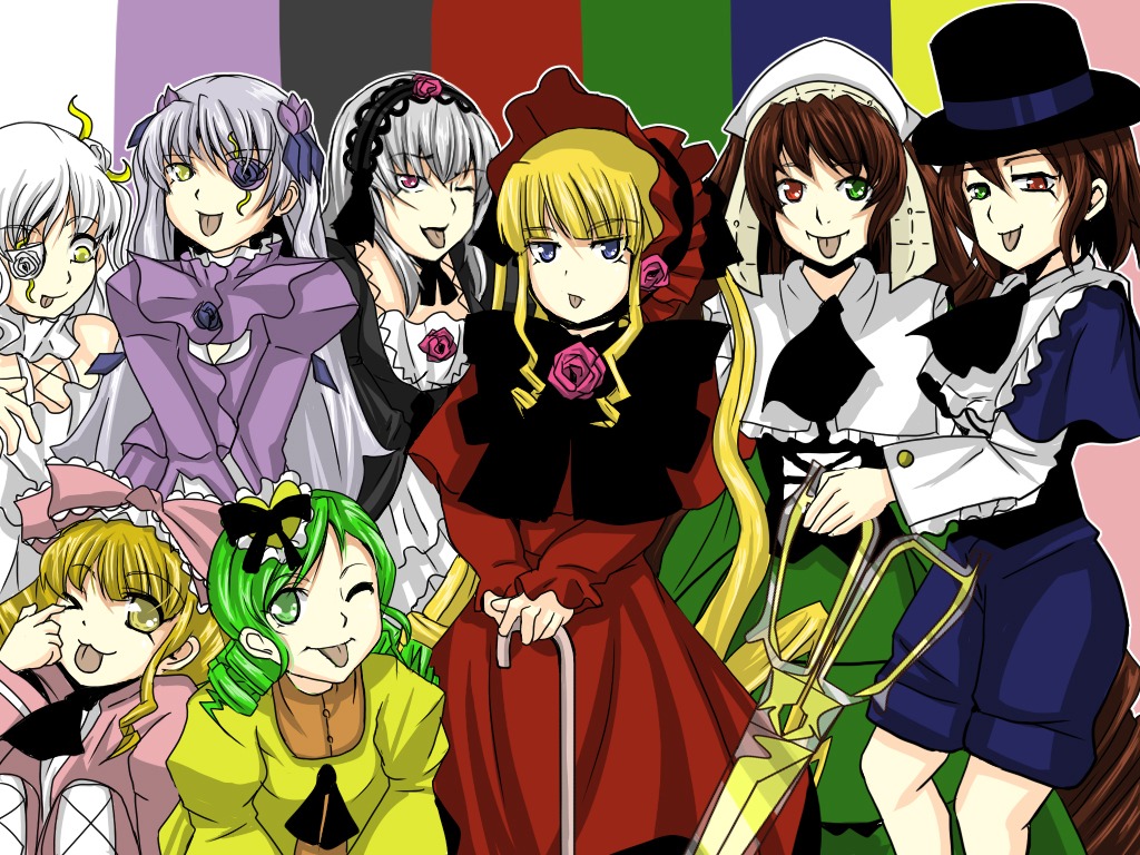 6+girls :p :q ;p blonde_hair bow dress drill_hair eyepatch frills green_eyes green_hair hairband hat head_scarf heterochromia hina_ichigo image kanaria long_hair long_sleeves multiple multiple_girls one_eye_closed pink_bow shinku short_hair siblings silver_hair sisters souseiseki suigintou suiseiseki tagme tongue tongue_out twins twintails wings yellow_eyes