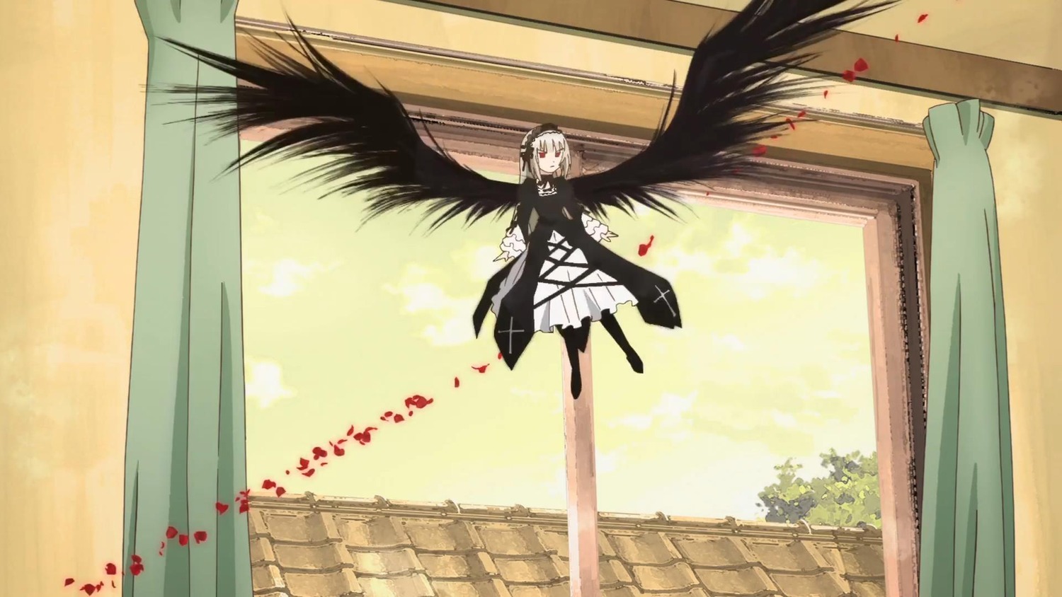 1girl black_wings closed_eyes curtains dress feathered_wings image long_hair smile solo standing suigintou window wings