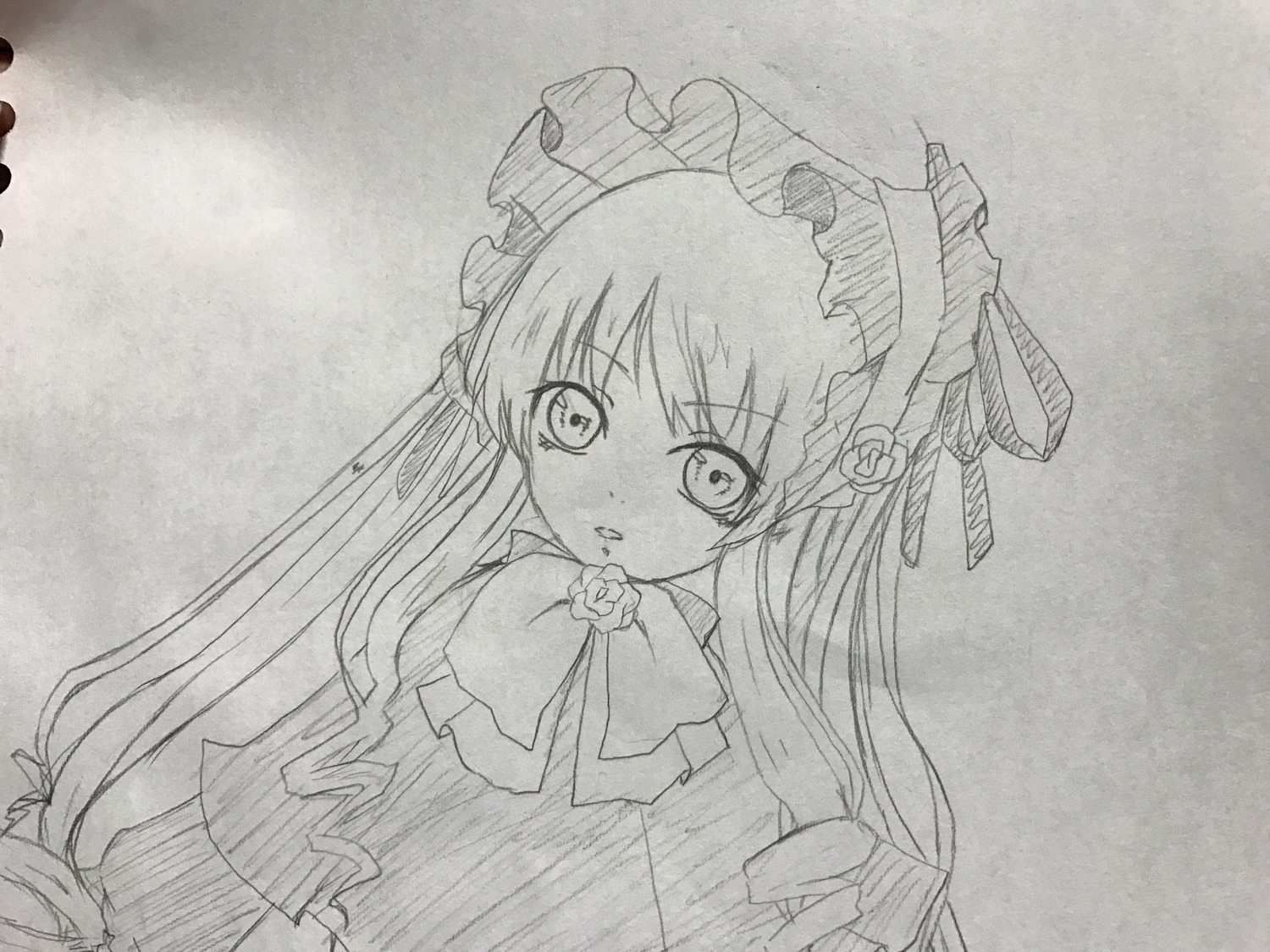 1girl bonnet bow bowtie dress flower greyscale hat image long_hair long_sleeves looking_at_viewer monochrome rose shinku solo traditional_media upper_body