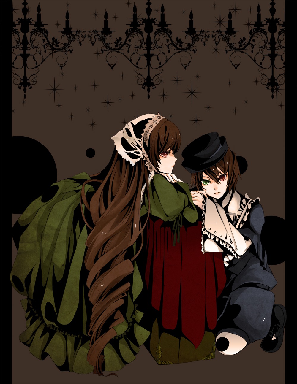 2girls brown_hair dress green_dress green_eyes hat holding_hands image letterboxed long_hair long_sleeves looking_at_viewer multiple_girls pair red_eyes short_hair siblings sisters souseiseki suiseiseki twins very_long_hair