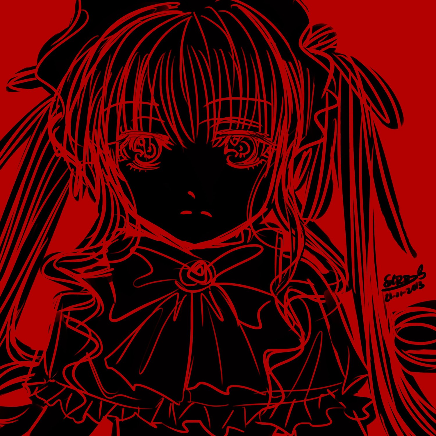 1girl bow image long_hair monochrome red_background red_theme ribbon shinku simple_background solo