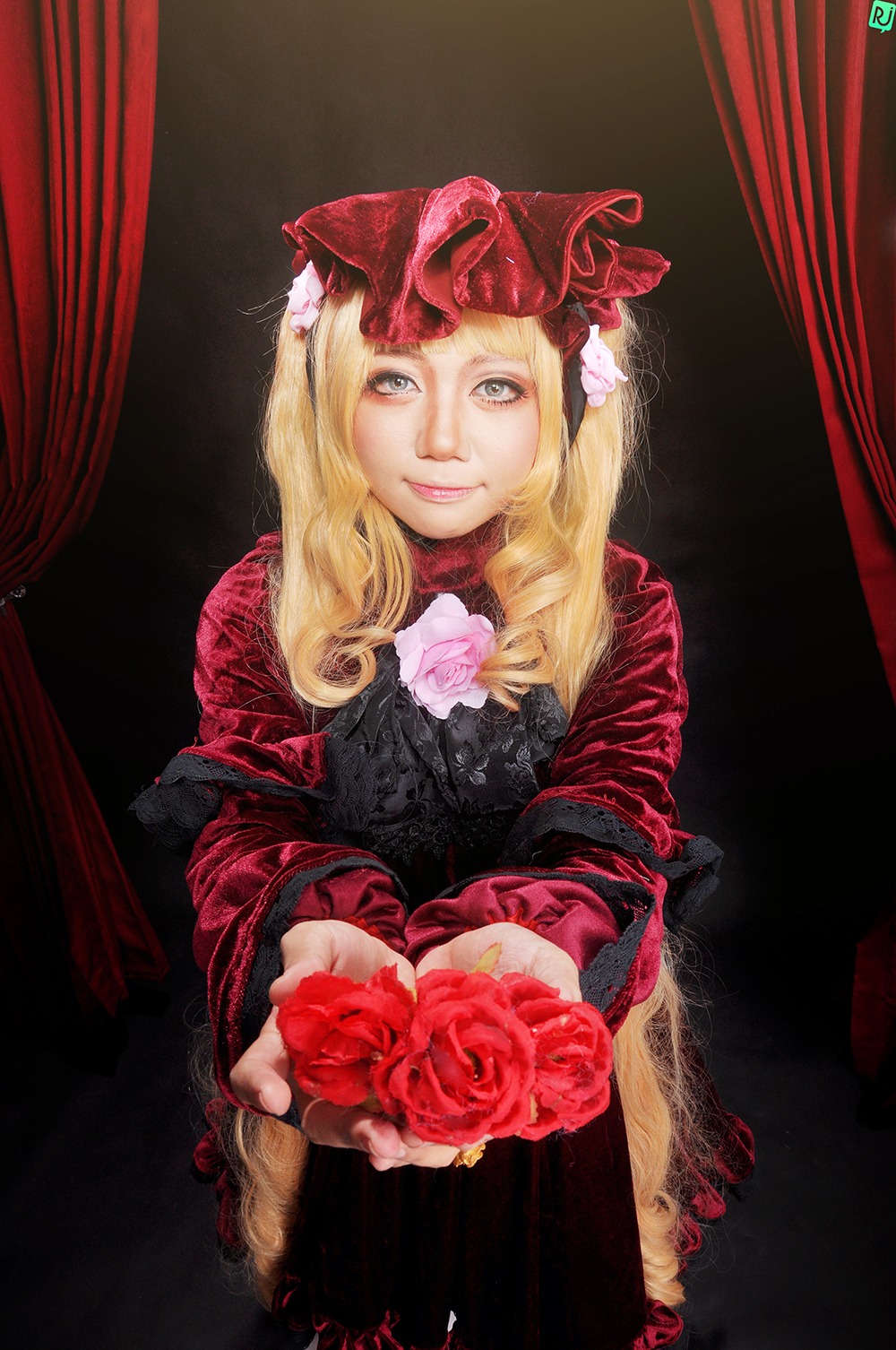 1girl blonde_hair curtains flower lips looking_at_viewer red_flower red_rose rose shinku smile solo upper_body