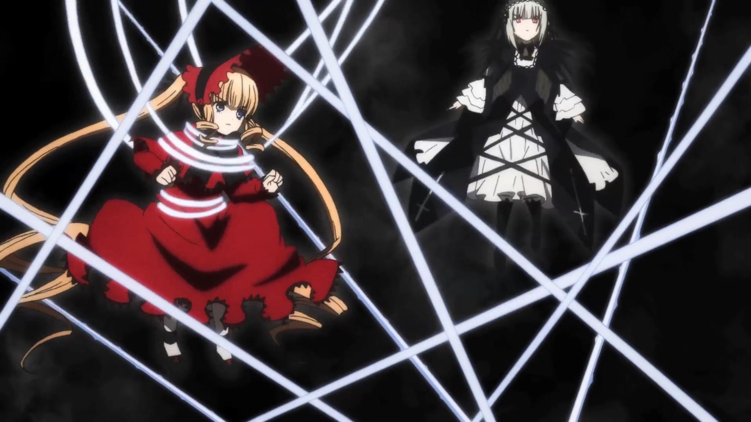 2girls blonde_hair bow dress image long_sleeves multiple_girls pair red_dress red_eyes shinku short_hair suigintou