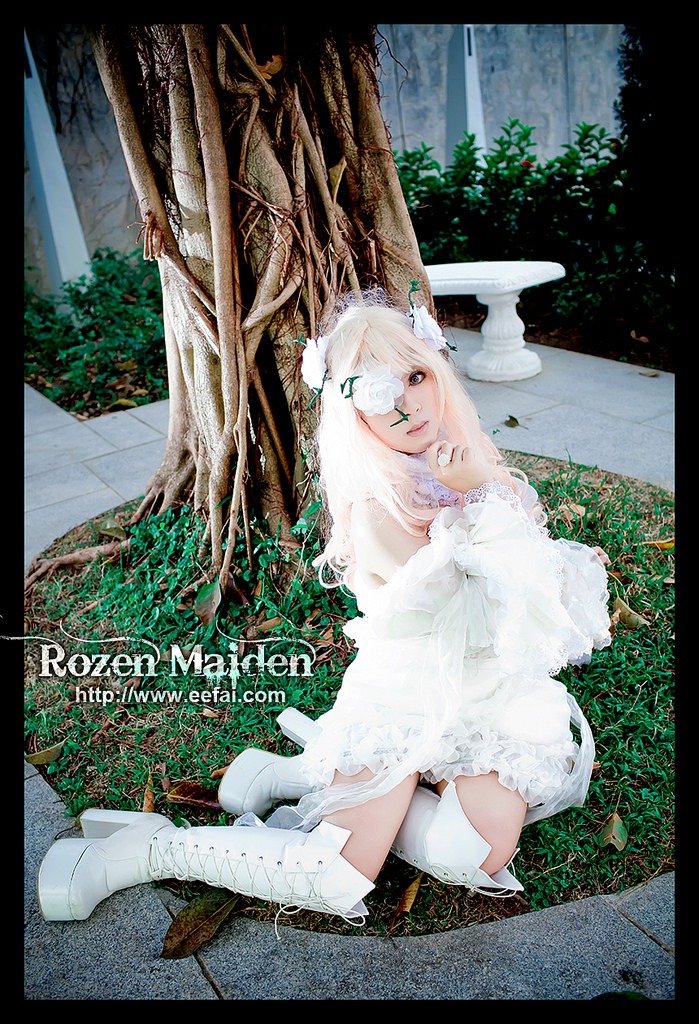 1girl boots dress eyepatch kirakishou letterboxed long_hair solo tree white_dress white_footwear white_hair