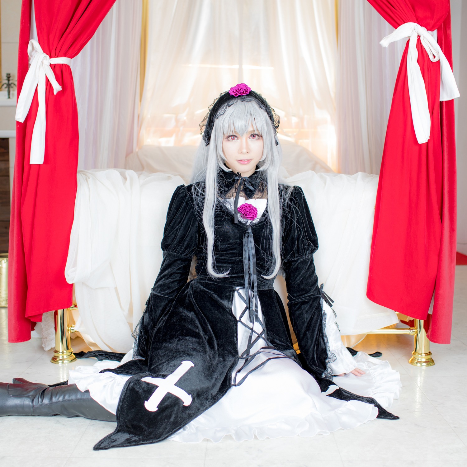 1girl black_dress curtains doll_joints dress flower gothic_lolita hairband joints long_hair long_sleeves looking_at_viewer pink_eyes silver_hair sitting solo suigintou weapon