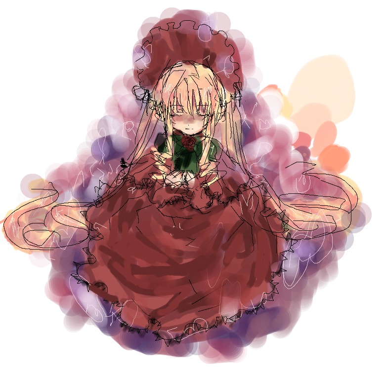 1girl blonde_hair blush dress flower image long_hair rain red_dress red_flower red_rose rose shinku sitting solo umbrella