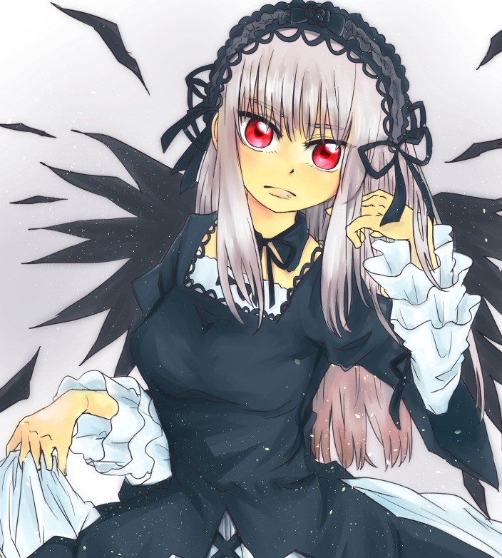 1girl black_dress black_wings dress frilled_sleeves frills hairband image long_hair long_sleeves looking_at_viewer red_eyes ribbon silver_hair solo suigintou wings