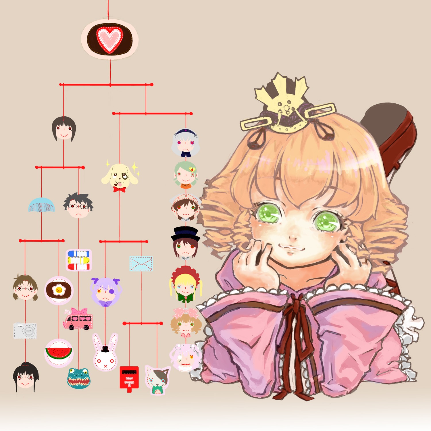 1girl auto_tagged black_hair blonde_hair brown_hair crown green_eyes hat heart hina_ichigo image looking_at_viewer multiple ribbon short_hair smile tagme