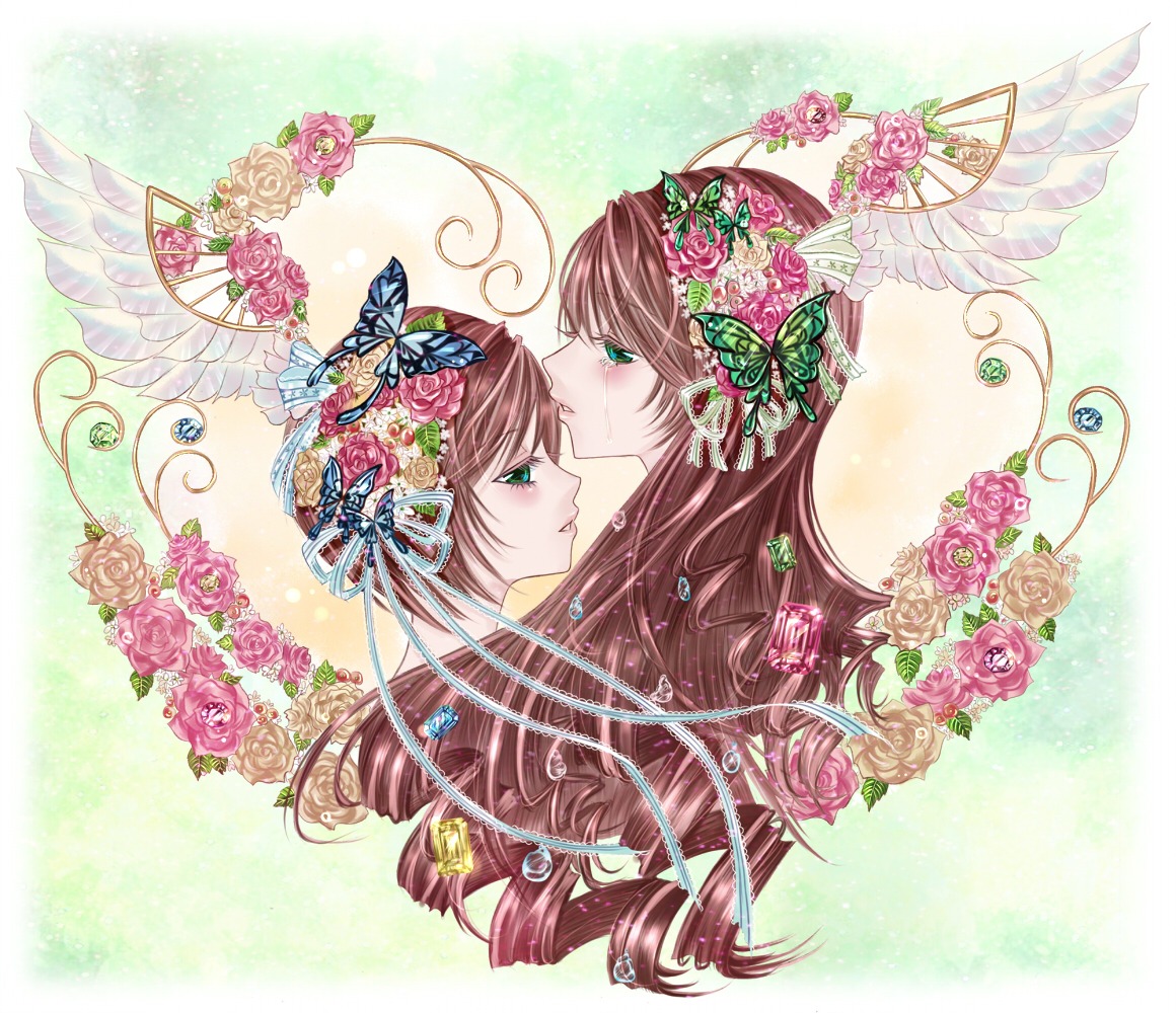 2girls angel_wings brown_hair bug butterfly butterfly_hair_ornament butterfly_wings drill_hair dual_persona flower green_eyes hair_flower hair_ornament image insect long_hair multiple_girls pair pink_flower pink_rose red_rose rose siblings souseiseki suiseiseki twins wings