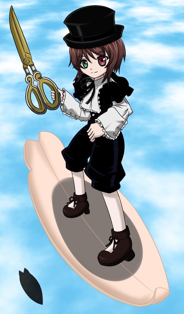 1girl brown_hair full_body green_eyes hat heterochromia image long_sleeves looking_at_viewer red_eyes shoes shorts smile solo souseiseki standing top_hat water white_legwear