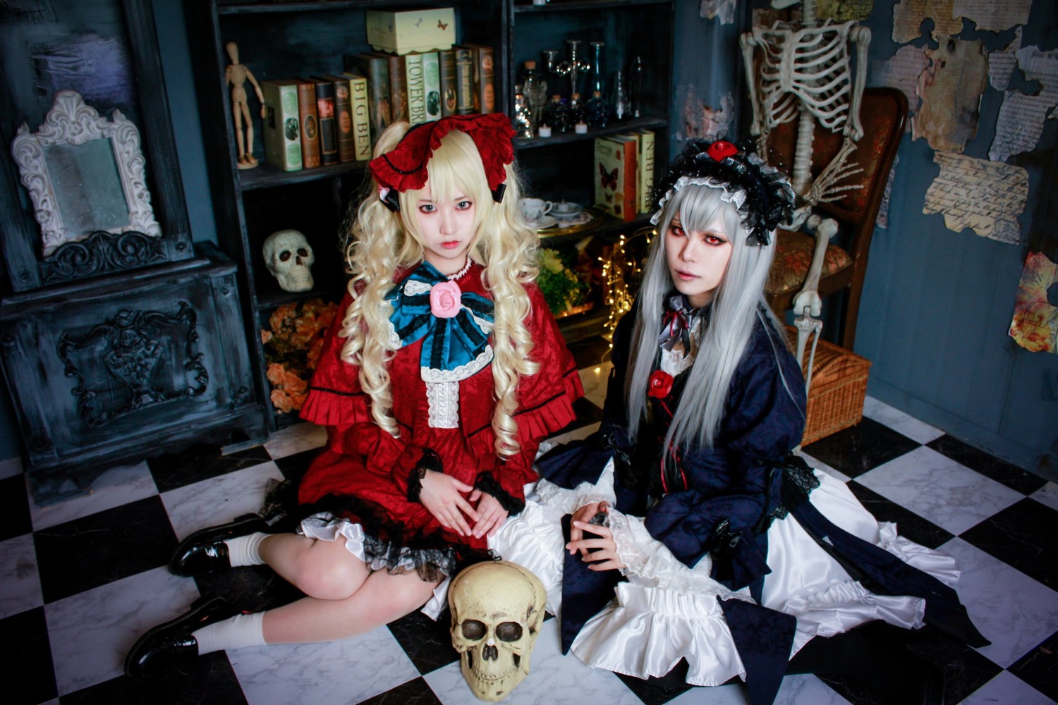2girls argyle argyle_background argyle_legwear blanket blonde_hair blue_eyes board_game book boots checkerboard_cookie checkered checkered_background checkered_floor checkered_kimono checkered_scarf checkered_skirt chess_piece dress flag floor gothic_lolita hat lips lolita_fashion long_hair mirror multiple_cosplay multiple_girls on_floor perspective red_eyes reflection reflective_floor rook_(chess) rose sitting tagme tile_floor tile_wall tiles vanishing_point