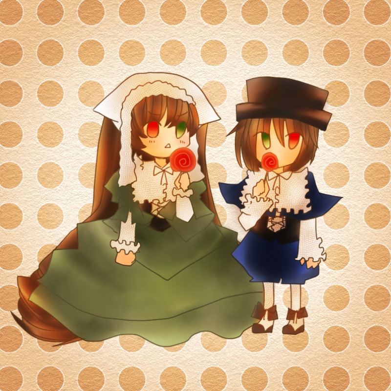 1boy 1girl brown_hair candy dress food green_eyes halftone halftone_background halloween hat heterochromia image lollipop long_hair pair polka_dot polka_dot_background polka_dot_bikini polka_dot_dress polka_dot_legwear polka_dot_skirt red_eyes short_hair siblings souseiseki suiseiseki swirl_lollipop unmoving_pattern