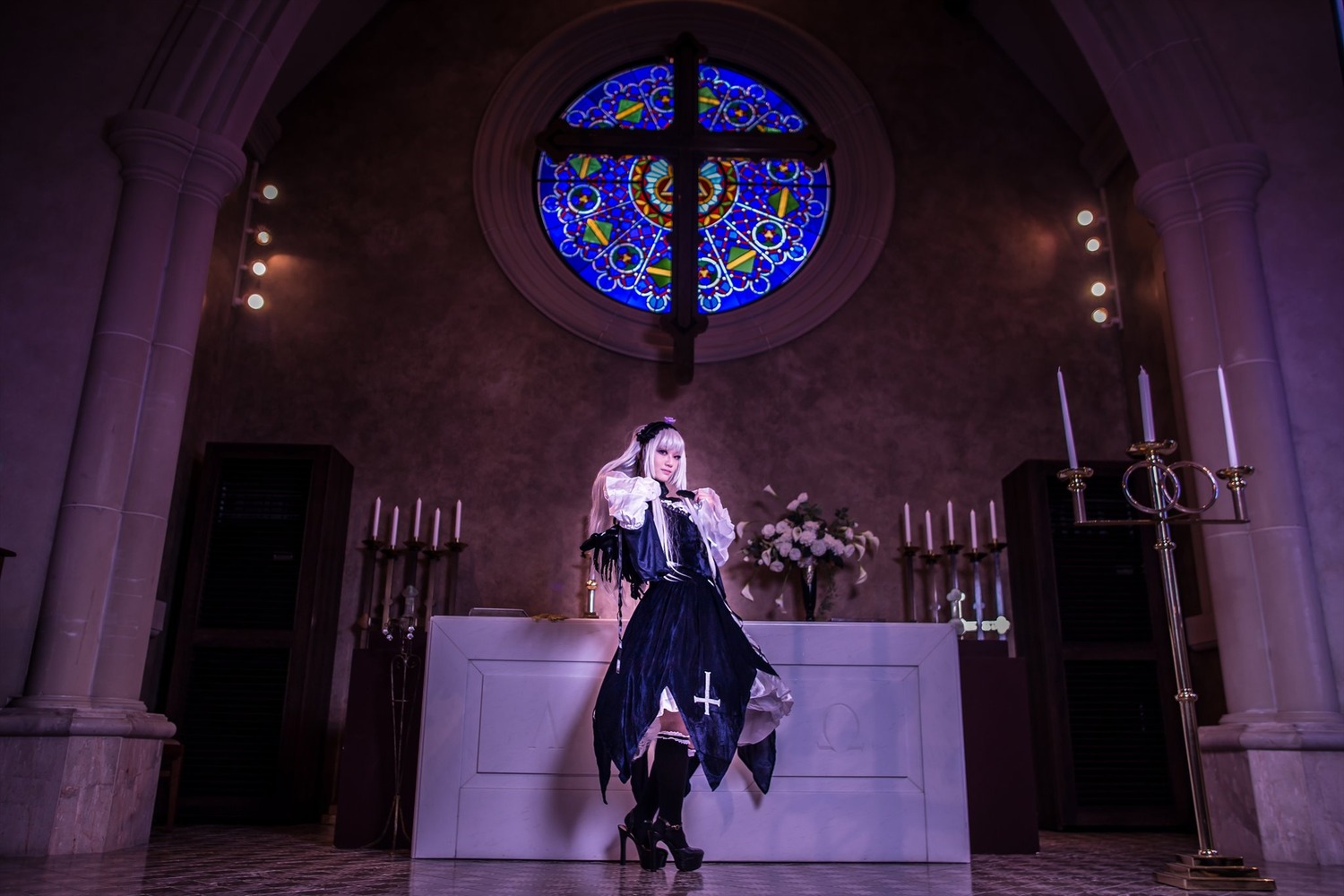 boots candle dress indoors long_hair solo stained_glass standing suigintou window