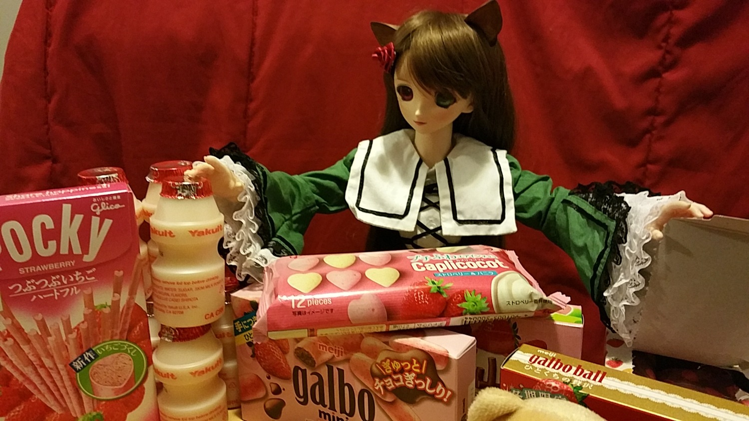 1girl animal_ears bottle brown_eyes brown_hair doll frills long_hair long_sleeves solo suiseiseki