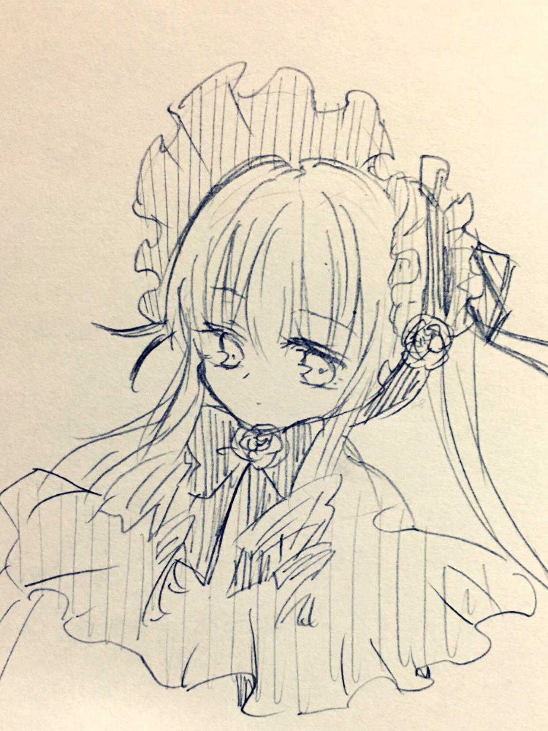 1girl bangs bell bow eyebrows_visible_through_hair flower hair_between_eyes hair_ornament image jingle_bell long_hair long_sleeves looking_at_viewer monochrome shinku simple_background solo traditional_media