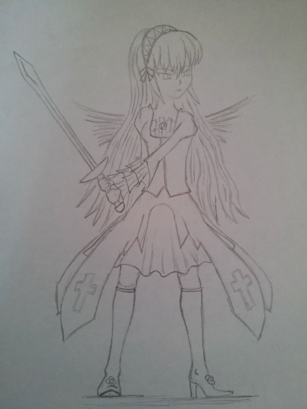 1girl akuma_homura bare_shoulders bow dress elbow_gloves feathered_wings flower full_body gloves greyscale holding_weapon image long_hair monochrome simple_background solo standing suigintou thighhighs traditional_media weapon wings
