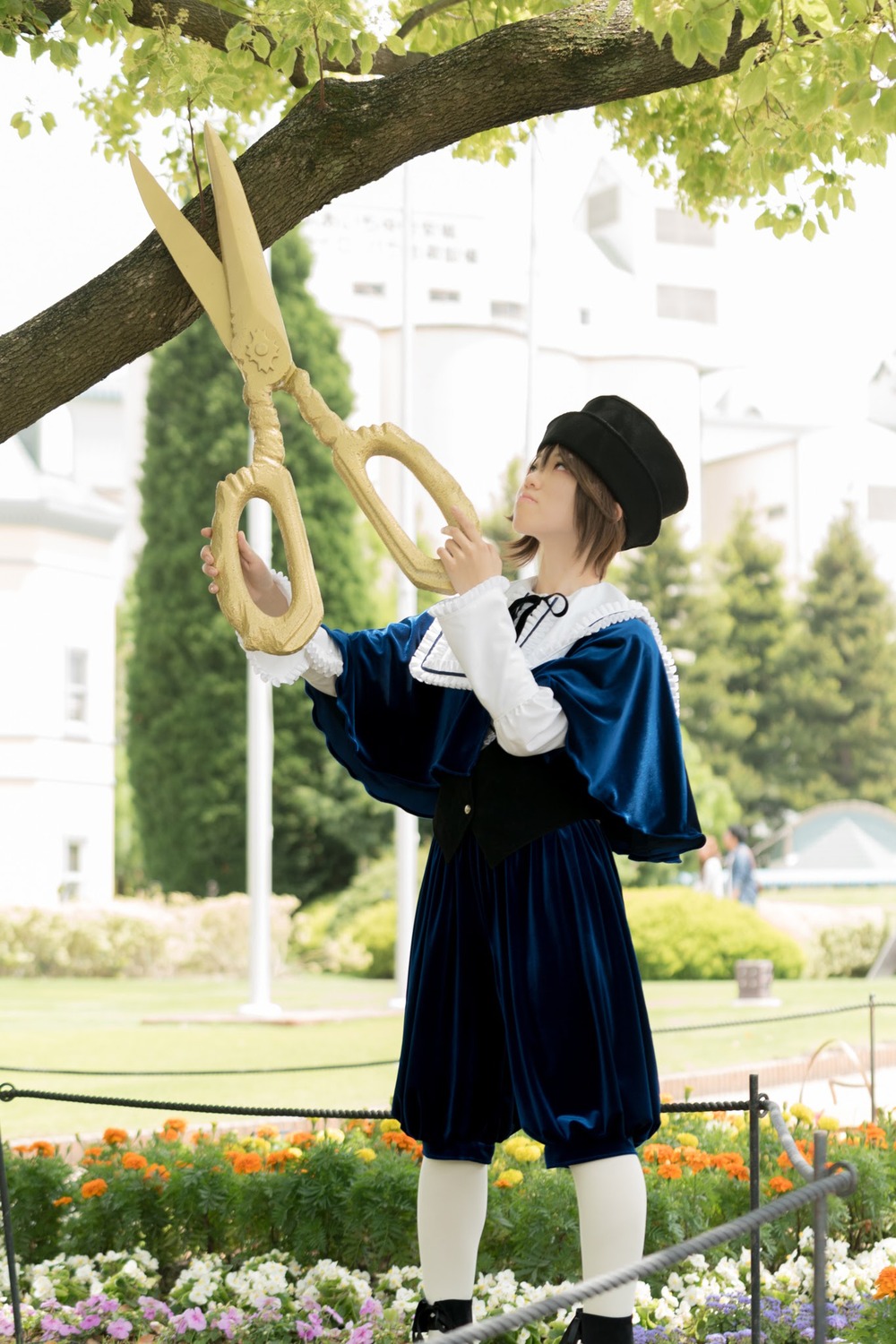 1boy 1girl brown_hair day flower hat long_sleeves outdoors solo souseiseki standing tree