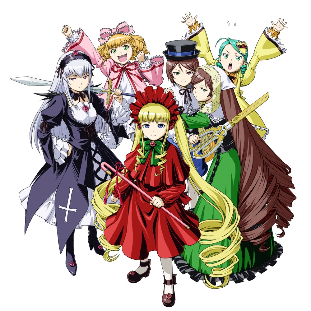6+girls blonde_hair blue_eyes bonnet bow brown_hair cane commentary_request cross dress drill_hair everyone flower flying_sweatdrops frills gothic_lolita green_eyes green_hair hair_bow hairband hat heterochromia hina_ichigo ichikawa_masahiro image inverted_cross kanaria lolita_fashion long_hair long_sleeves looking_at_viewer mary_janes multiple multiple_girls open_mouth orange_hair pantyhose pink_bow red_dress red_eyes rose rozen_maiden scissors shinku shoes shorts siblings silver_hair simple_background sisters smile souseiseki suigintou suiseiseki sword tagme top_hat twins twintails very_long_hair weapon white_background wings