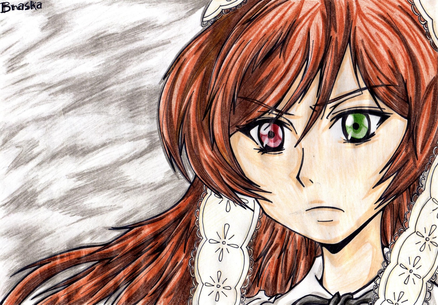 1girl face frown green_eyes heterochromia image long_hair looking_at_viewer portrait red_eyes solo suiseiseki